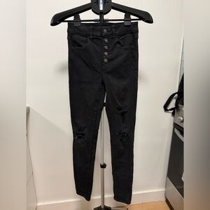 American Eagle Black High Rise Button Distressed Skinny Jeans Size 2 Regular